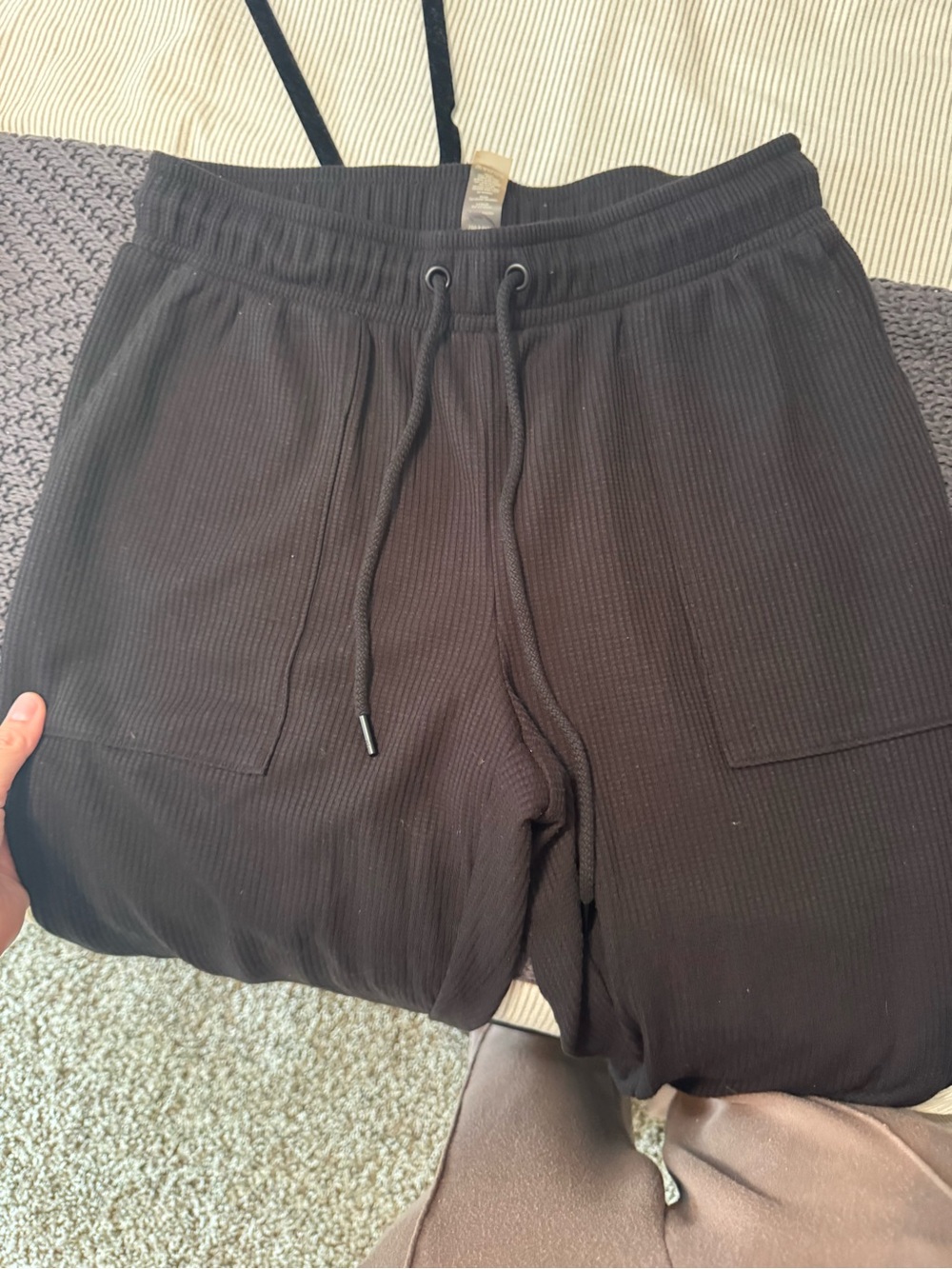 Black Ribbed Drawstring Joggers - Picture 2 of 7
